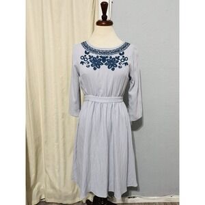 Polagram Light Blue Embroidery Long Sleeves Cottagecore Peasant Zippered Dress S